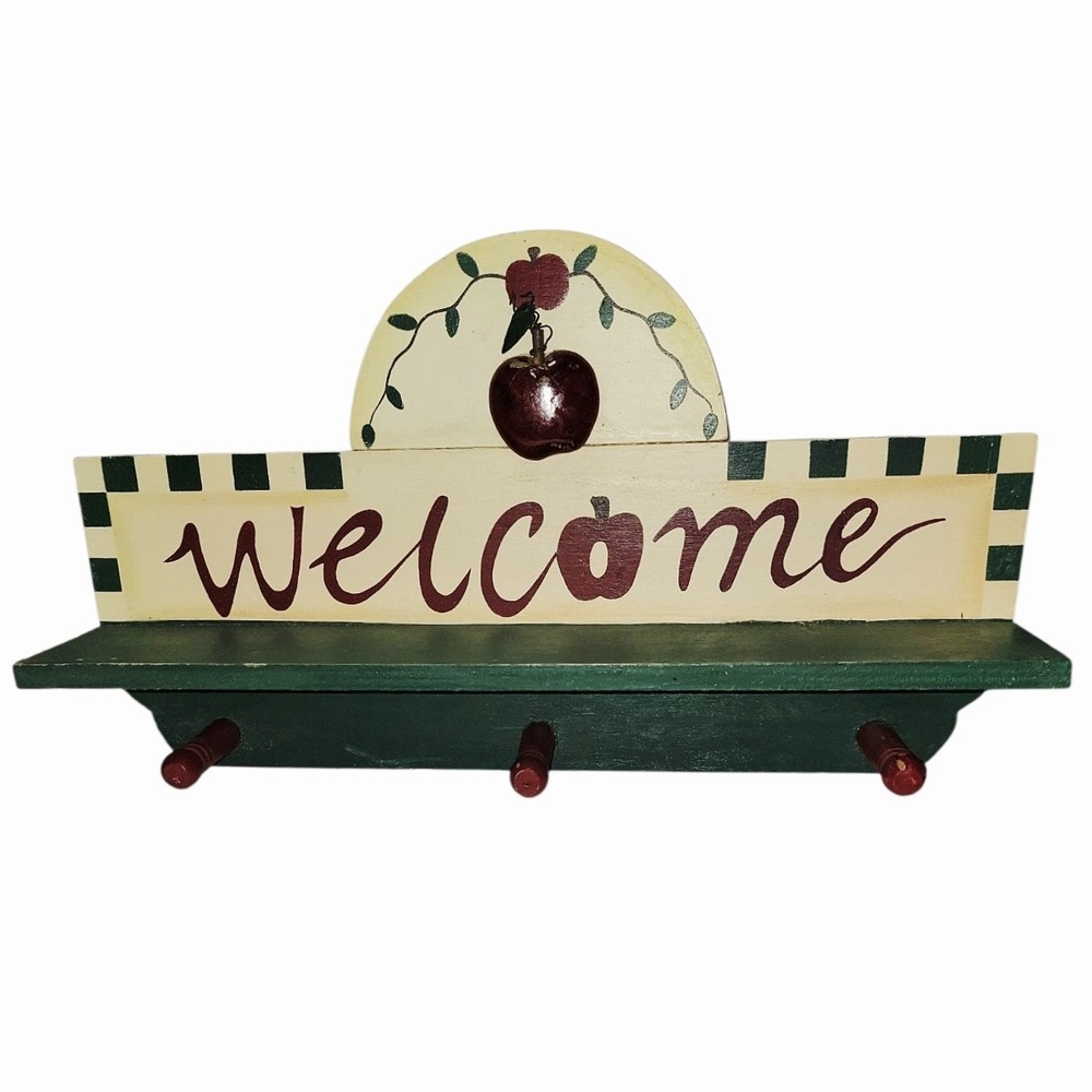 Vintage Country Apple Welcome Wall Shelf Coat Key Rack 3 Peg Wooden Farmhouse - Picture 2 of 9